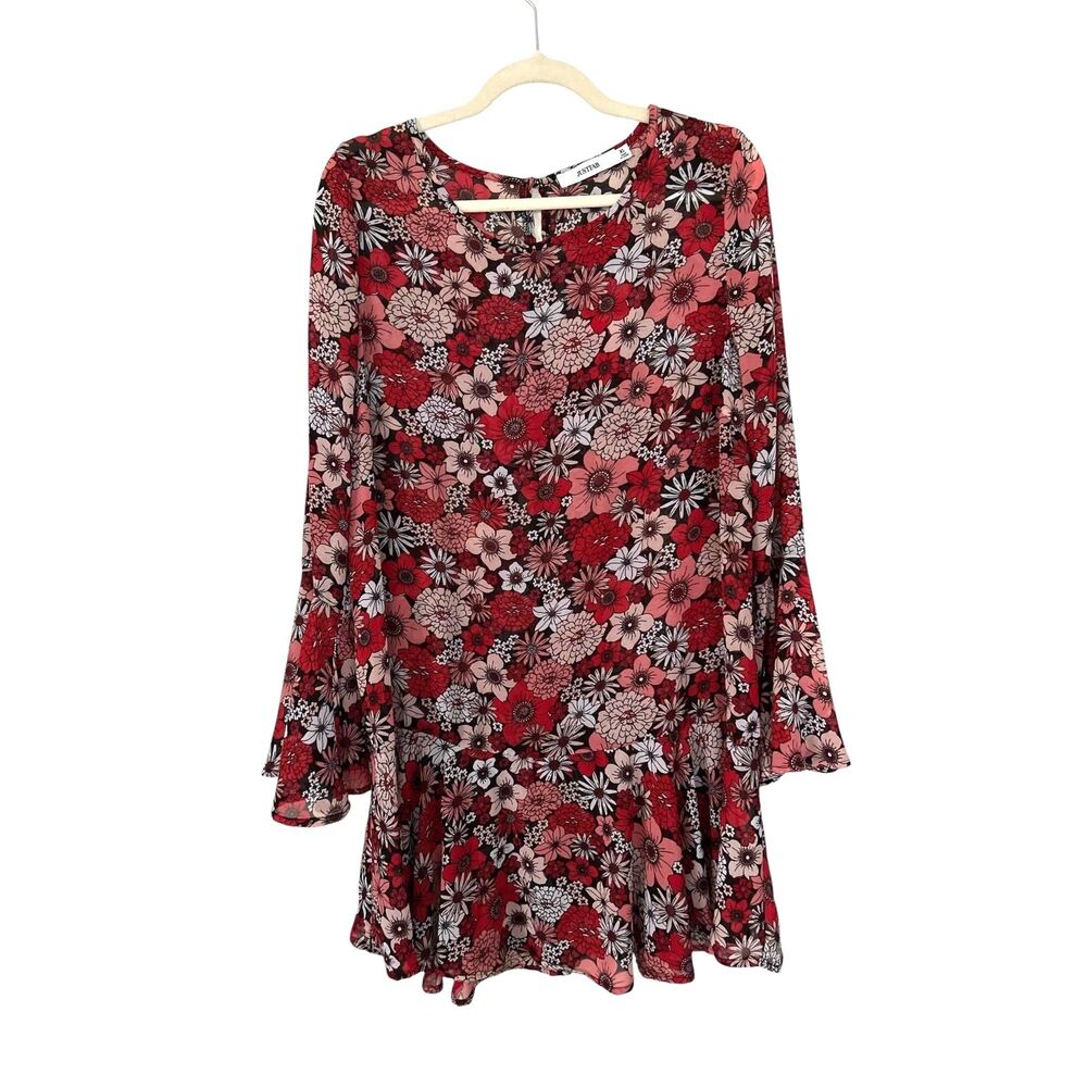 JustFab Floral Bell Sleeve Peplum Dress XL Red Pink Black Boho